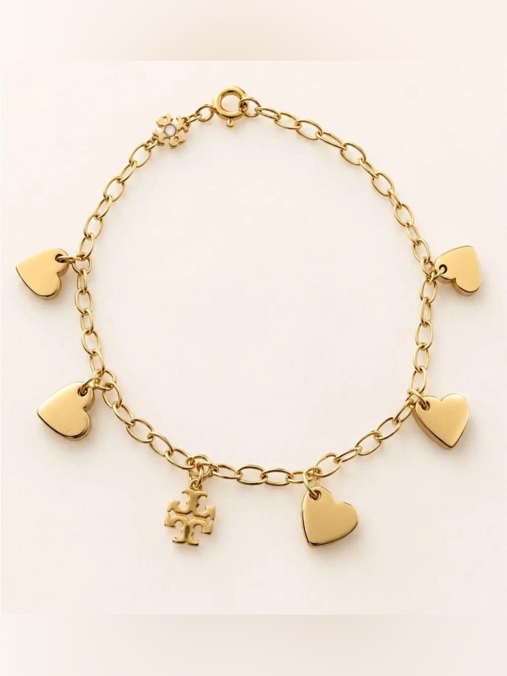 Tory Burch Gold Heart Charm Bracelet with Logo Charm